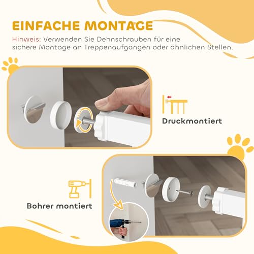 PawHut Türschutzgitter Treppenschutzgitter Türgitter ohne Bohren Treppengitter für Breiten 76-104 cm Einhändiges Öffnen Stahl Weiß