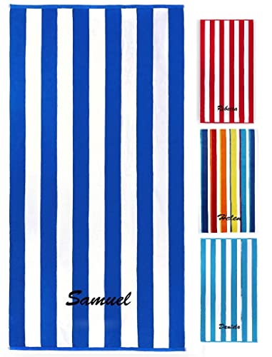 Kaufman - Personalized 32in x 62in Joey Velour Cabana Stripe Beach and Pool Towel 100% Cotton Embroidered (Blue)