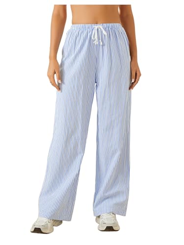 Women's Striped Print Straight Wide Leg Linen Pants Drawstring Waist Slant Pockets Pants Casual Long Pants