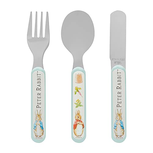 Peter Rabbit 3 Piece Cutlery Set – Metal, Reusable Children's Knife, Fork & Spoon, Kids-Size, Made from Food-Safe Stainless Steel & ABS Plastic – Flopsy, Mopsy, Cotton Tail – for 36 Months & Up