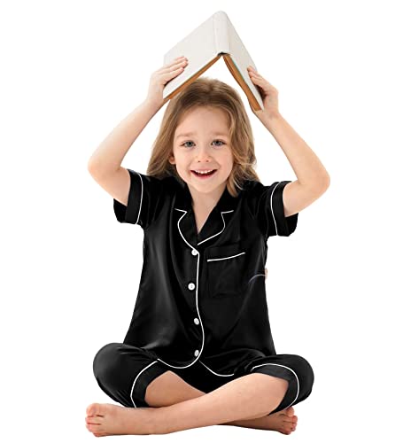 Swomog Girls Boys Silk Satin Pajamas Set Button-Down Pjs Two-Piece Lounge Sets Short Sleeve Sleepwear With Capri Pants Black #TOP3