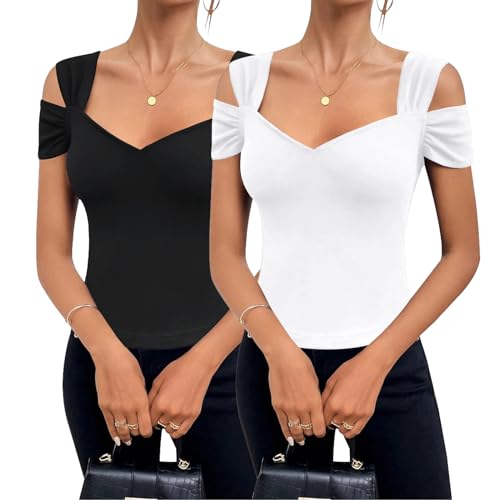 Image of Blingfit Cold Shoulder Tops Summer Tunic Shirts for Women T Shirts V Neck Short Sleeve Casual Tees Blouses 2026