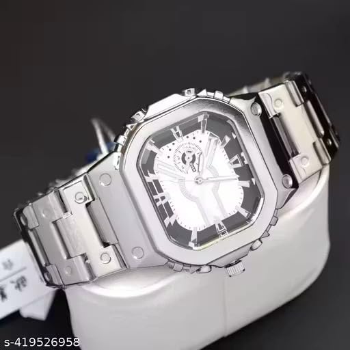 Image of Square Case Analog Watch, Silver Metal Bracelet, Skeleton Dial, Stainless Steel