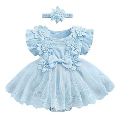 Covvoliy Newborn Baby Girl Romper Dress Lace Mesh Dress Jumpsuit Bodysuit with Headband Infant Girl Summer Clothes(Lace & Blue 1,0-3 Months)