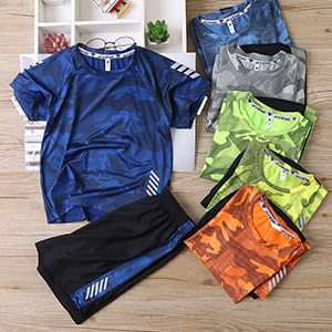 Image of Boys Summer Clothing Sets Kids Outfit Set Camouflage Short Sleeve T-Shirt+ Shorts Sportswear 3-13Years