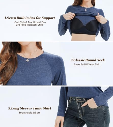 Women Long Sleeves Shirt with Built Sewn in Bra Loose Fit Tank Top Casual Padded Trendy Blouse Tunic Pullover2