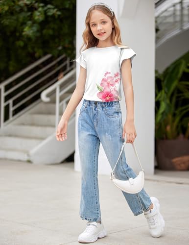 Image of Girls T Shirts Ruffle Short Sleeve Round Neck Loose Blouse Summer Solid Color Casual Girl Tee Tops for 3-12 Years