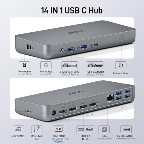 image for Acer Docking Station,14-in-1 Triple Display USB C Docking Station, 3 M