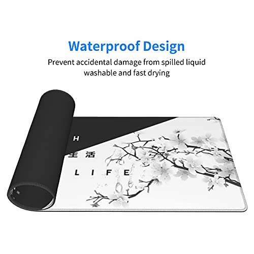 Image of Black White Cherry Blossom Mouse Pad Japanese Sakura Death Life Extended Desk Mat 80X30 cm Non-Slip Rubber Base Stitched Edge Large XL Playmat for Gaming Laptop Computer PC Desktop,31.5�11.8 Inch