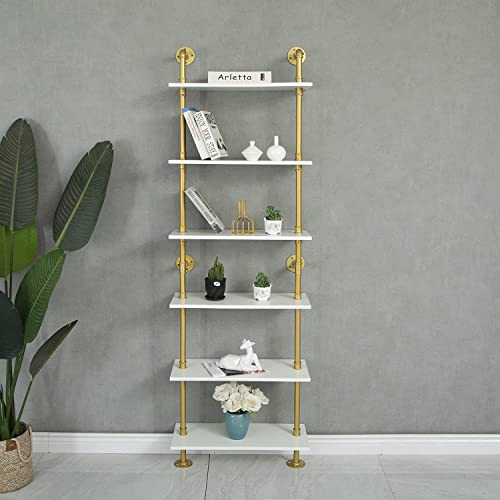 Ziothum 6 Tier Gold Bookshelf, White And Gold Shelves, Modern Shelves Shelf Bookcase Metal Mid Century Open Industrial Wall Mount Accents Decor Retail Shelving Vertical For Living Room #TOP1