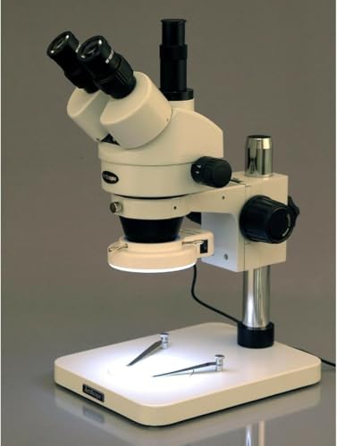 Image of AmScope SM-1TSZ-144S-5M Digital Professional Trinocular Stereo Zoom Microscope, WH10x Eyepieces, 3.5X-90X Magnification, 0.7X-4.5X Zoom Objective, 144-Bulb LED Ring Light, Pillar Stand, 110V-240V, Includes 0.5X and 2.0X Barlow Lenses and 5MP Camera with Reduction Lens and Software