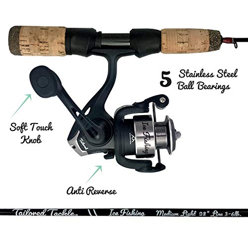 Tailored Tackle Ice Fishing Rod Reel Combo 28 In. Medium Light Fast Action Multi-Species Ice Fishing Pole Walleye Perch Panfish Bluegill Crappie #TOP3