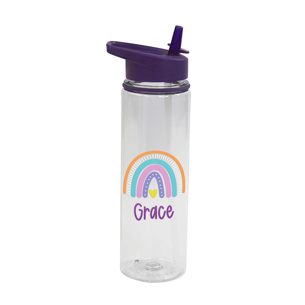 eBuyGB Personalised Rainbow Flip Straw Bottle, Coloured Lid, Children’s Drinks Bottle, Primary School, Nursery Water Bottle, Back To School Bottle (Purple)