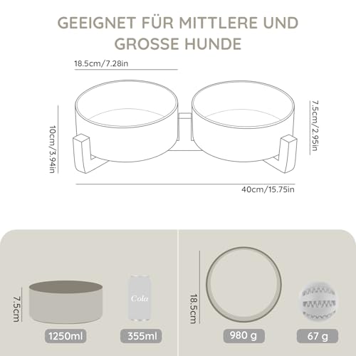 SPUNKYJUNKY Hundenapf Keramik Doppel Hund Futternapf mit Bambus Ständer für Große Hunde (1250ml, Grau)