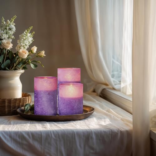 Image of Purple Flameless Candles With Remote LED Battery Operated Pillar Candles | Sea Salt Glass Design, Realistic Flicker, 10-Key Remote With Timer & Brightness Control For Fireplace, Home & Holiday Decor