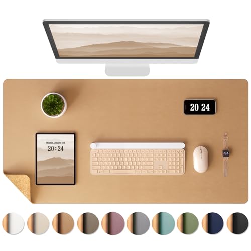 Aothia Tapete de secretária, tapete de secretária frente e verso com cortiça natural e couro PU, tapete rato / protetor de mesa, impermeável para escritório/casa/decoração (caqui, 90 x 40 cm)
