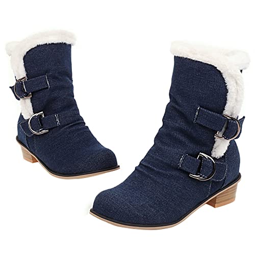 Womens Denim Flat Short Ankle Boots Chunky Low Heel Ankle Buckle Cute Short Boots