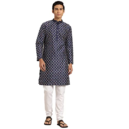 Image of SOJANYA, Men's Silk Blend NavyBlue Kurta with Multi Color Embroidery and Off-White Pyjama