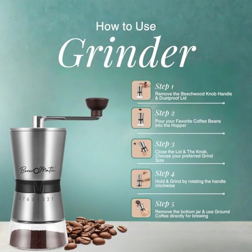 Image of Stainless Steel Manual Coffee Grinder, 80 Grams Bean Capacity | Ceramic Burr, Borosilicate Glass Jar, 8 Grind Settings, Beechwood Knob, For Drip Coffee, Espresso, Cappuccino, French Press