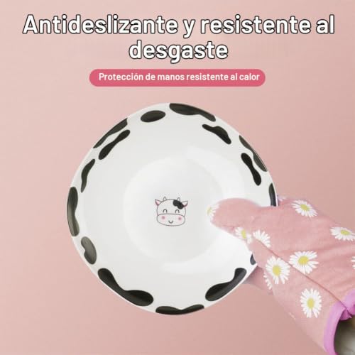 Miniatura 5 de Auauy 1 Par Manoplas Horno, Algodón Antideslizante Cotton Guantes Cocina, Oven Gloves Resistente Al Calor Para Hornear Cocinar Barbacoa Microondas Con 2 Manteles Aislados Rosa