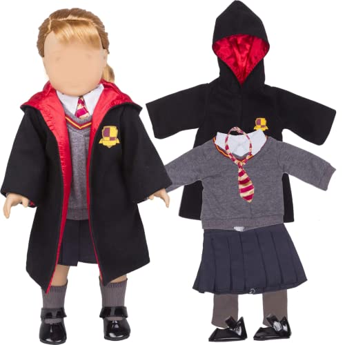 Hermione Granger Inspired Doll Clothes For 18" Dolls -7Pc Hogwarts-Like Costume Accessories Premium Handmade School Uniform Includes Shirt, Skirt, Sweater, Tie, Socks, Robe, & Shoes, Gift For Girls Kids Birthday #TOP3