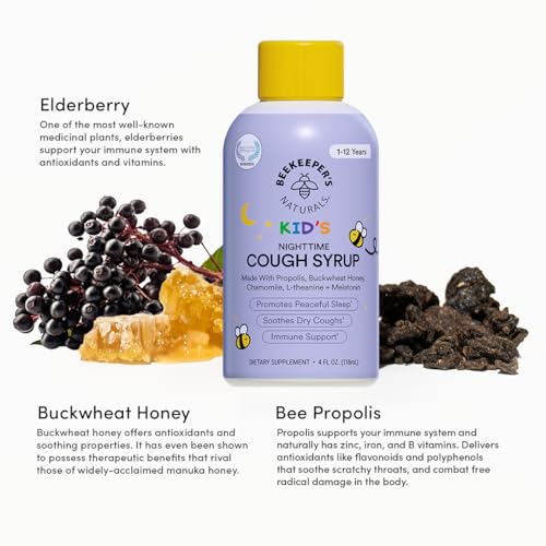 Image of Beekeeper's Naturals Honey Cough Syrup for Kids, Elderberry, Night, 4oz | Immune Support with Propolis, Elderberry & Raw Honey, Sleep Support with Chamomile & L-Theanine, Gluten Free