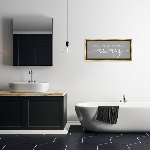 Image of 'Wash Your Worries Away Phrase'| Floating Frame Canvas Art | Stupell Industries | Gold, 31 x 14 Inches, Easy to Hang and Sturdy, Made in USA, by Lil' Rue