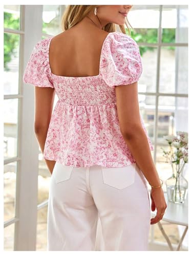 Floerns Women's Floral Short Puff Sleeve Flare Peplum Tops Sweetheart Neck Boho Blouses4