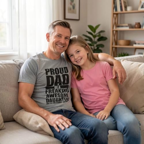 Mens Proud Dad of A Freaking Awesome Daughter T Shirt Funny Fathers Day Tee Funny T Shirts Dad Joke Apparel for Men Cool Daughter Short Sleeve Novelty Tees Light Grey L