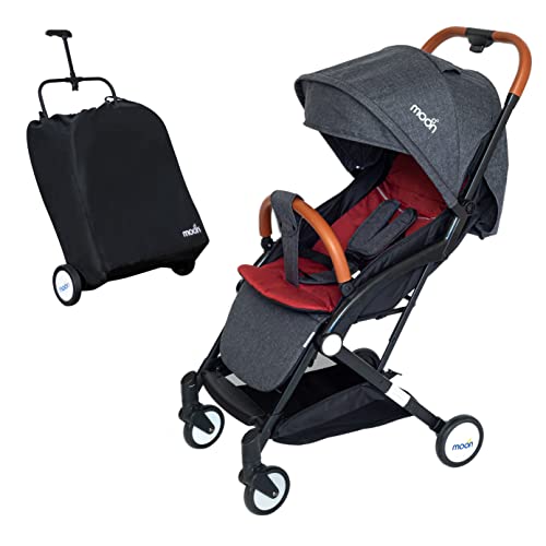 The Moon Brand Ritzi Light Weight Travel Cabin Stroller / Pushchair for Baby/Kids/Toddler from 0 Months+ (Upto 18 kg)-Multi-Postion Reclining Seat- Storage Basket - Shoulder Strap Black/Red