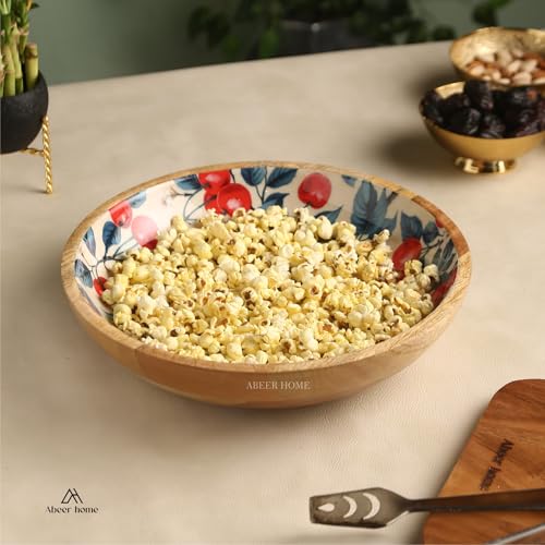 Image of Premium Wooden Bowl with Spoons -Cherry Design| Wooden Serving Bowl | Wooden Bowl | Wooden Sticker Bowl (12x12x3 Inch)
