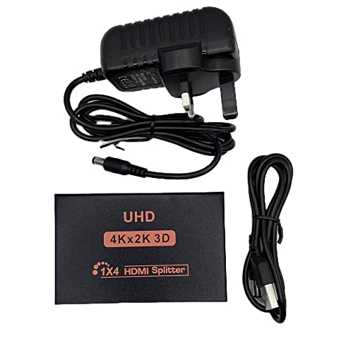 Multibao HDMI Splitter 1 in 4 Out, 4K 4 Way HDMI Splitter, Aluminum Powered HDMI Switch Ver 1.4 HDCP Bypass, Supports 4K@30Hz 1080P 3D for PS3 PS4 Xbox HDTV with UK Power Plug…