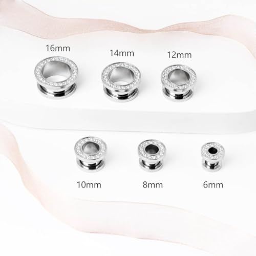 Alargador Aço Cirúrgico Pvd Com Zircônia Cravejada 6/8/10/12/14/16mm (Prateado, 6)