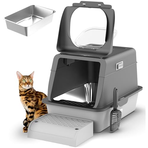 Trivico XX-Large Stainless Steel Cat Litter Box with Lid 24'x16.1'x15.2' Large Enclosed Litter Box for Big Cats, Odor Control with Magnetic Door, Easy Clean, Multi-Cat Metal Pan.(Grey)