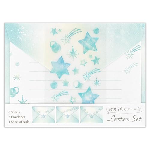 エヌビー社 ミニレター 封筒 デコ 星 | ミニレターセット 便箋6枚 封筒3枚 封シール 横書き 洋形2号封筒