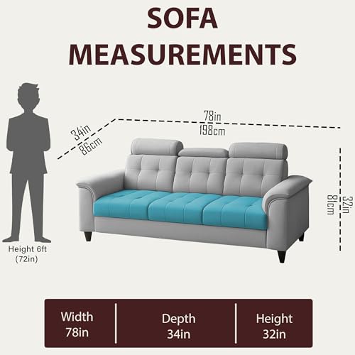Image of Casaliving Ella 3 Seater Sofa Set for Living Room (Turquise Grey Colour Fabric) Premium Fabric Sofa