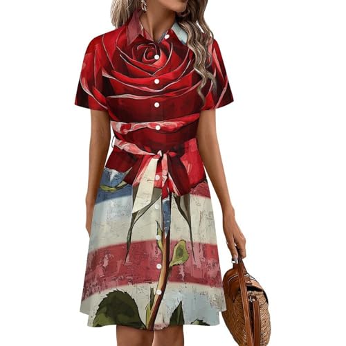 Vestido midi de verano para mujer tipo camisero con estampado de rosas