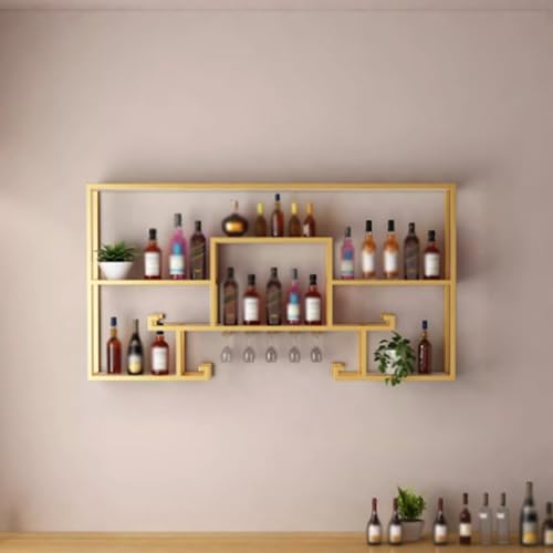 Soporte para botellas de vino de metal montado en pared dorado