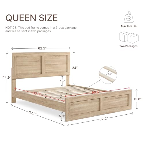 KISLOT Wood Bed Frame with Headboard and Footboard, Wooden Platform Mattress Foundation with Silent Slat Support Noise-Free No Box Spring Needed Easy Assembly