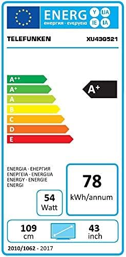 Telefunken XU43G521 energy efficiency label showing A+ rating and energy consumption.