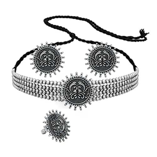 JEWELOPIA Oxidised Choker German Silver Jewelllery Set Traditional Choker Black Metal Necklace Set with Earrings and Ring combo set for Women and Girls (Design-1) (B0B65CS3PV) Amazon Price History, Amazon Price Tracker