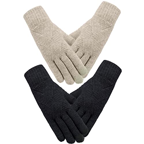 SATINIOR 2 Paar Damen Winterhandschuhe Gestrickte Touchscreen Finger Doppelschichtige Elastische Handschuhe (Schwarz, Khaki)