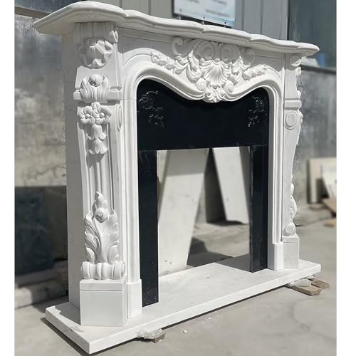 Image of Villa Marble Fireplace Mantel Surround Kit - 59 inch x 47 inch with Shelf and Trim, Natural Stone, Carved Living Room Design