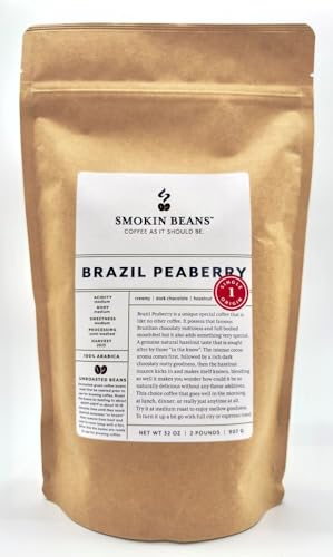Smokin Beans Brazil Peaberry, Unroasted Green Arabica Coffee Beans 2-Lb 1ct