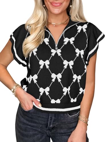 Saodimallsu Womens Ruffle Short Sleeve Knit Tops Summer Quarter Zip Cute Bow Print V Neck Collared Sweater Vest