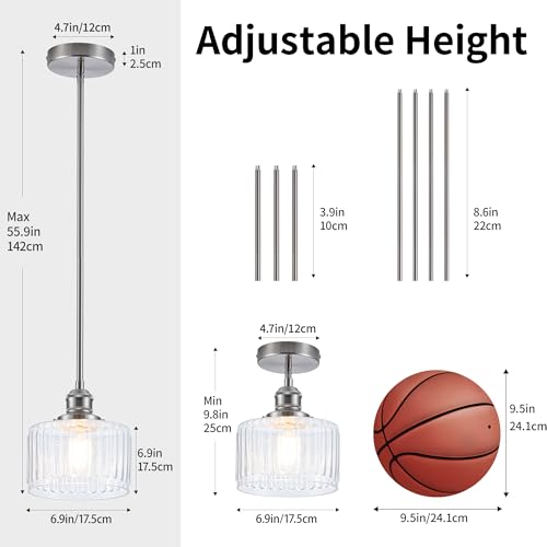 Image of MAYNA 1 Pack Modern Pendant Light with Clear Striped Glass Lmapshade, Brushed Nickel Vintage Pendant Light Fixtures, Adjustable Hanging Light for Kitchen Island Dining Room Hallway(Bulb Included)