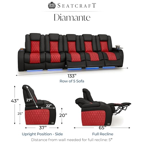 Image of Seatcraft Diamante Black /Red Italian Leather Home Theater Seating, Zero Gravity Power Recliner, Gaming and Home Office Chair, Powered Headrest Furniture for Family Cinema Room, Row of 5 Sofa