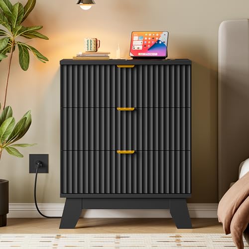 Image of BORNOON 30.5 inch Nightstand with Charging Station, 3-Drawer Fluted Bedroom Chest, Wood Bedside Dresser with Power Outlets and USB Ports, Metal Slides, Stable Base, Modern Storage Cabinet for Small Spaces