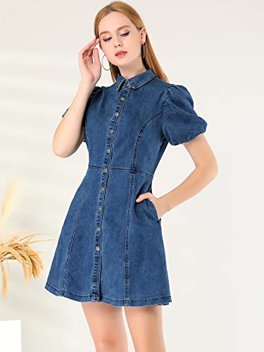 Allegra K Women's Denim Dress Button Down Pockets Puff Sleeve Collared Jean Dresses2