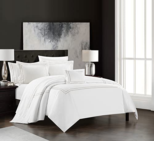 Chic Home Santorini 4 Piece Cotton Comforter Set Solid White with Dual Stripe Embroidered Border Hotel Collection Bedding – Includes Decorative Pillow Shams, Queen, Beige - Thumbnail 2